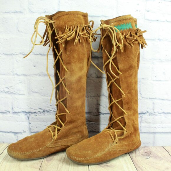 *Minnetonka Suede Knee High Lace Up Moccasins Festival Fringe Size 11 Inches - Picture 2 of 9